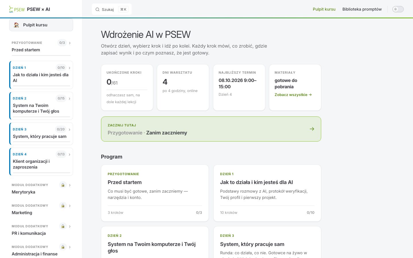 Pulpit kursu na platformie PSEW × AI: cztery dni warsztatu, 61 kroków do odhaczenia